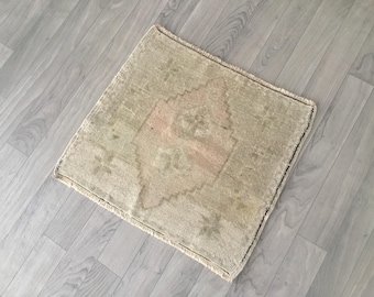 2x2 Small Square Size Rug, Faded Beige Rug, Area Rug, Handmade Wool Rug, Rustic Oriental Rug, Home Decor Rug 1.7x1.5 ft.