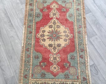 2x3 Small Area Rug, Handmade Wool Rug, 2x3 Red Blue Rug, 2x3 Vintage Rug, Doormat Rug, Soft Rug, Faded Rug 1.8x3.3 Feet. Bedroom Rug