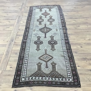 ヴィンテージウールランナーラグ、ブラウン部族風アナトリア風廊下カーペット 4.0x10.5フィート