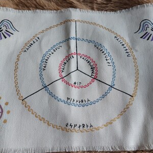 May include: White fabric with a hand-drawn design featuring concentric circles, runes, and avian figures. The design incorporates black, blue, red, and gold colours. The fabric has a fringed edge.