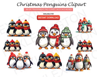 Penguins Christmas Clipart Stickers.  8 Digital PNG Designs. Transparent Background. Perfect for Holidays, Crafts & Online Decor