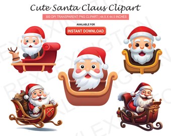 Cute Santa Claus Christmas Clipart Stickers.  5 Digital PNG Designs. Transparent Background. Perfect for Holidays, Crafts & Online Decor