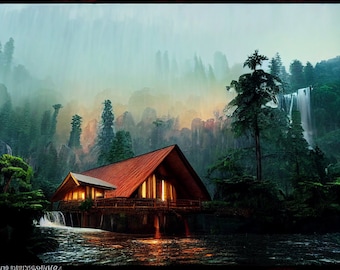 Log cabin digital art, country, cabin, landscape, mountain cabin, old cabin, cabin art, log cabins, cabin by stream, wall art.