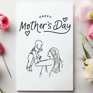 Mutter-Tages-Karte | Mutter mit Kind | Mutter mit Baby | Strichzeichnung | Karte für Mama, Mama, Mama
