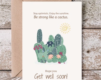 Soyez fort comme un cactus | Cadeau unique pour vous sentir mieux | Jolie note d'encouragement | Carte fantaisiste | Carte d'amitié| Guérir bientôt