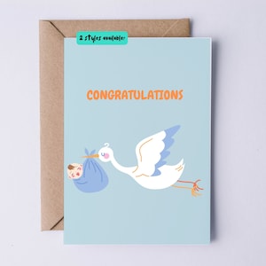 carte bébé et cigogne | Carte de félicitations de bébé | Carte de grossesse pour future maman | Carte pour baby shower | Carte Futurs parents | Nouvelle carte bébé |