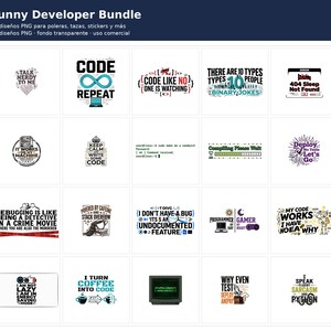 May include: A digital collection of twenty graphic designs featuring humorous programming and developer-themed quotes, icons, and typography in black, blue, and various colours, presented in a grid layout for use on apparel, mugs, and stickers.