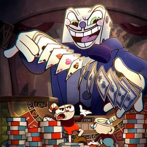 May include: A cartoon illustration featuring a large dice-headed character in a blue suit holding a fan of playing cards. Below, two small cup-like characters stand amidst stacks of red, white, and blue poker chips on a casino roulette table.