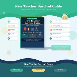 Puede incluir: Una guía digital New Teacher Survival Guide 2026 en formato PDF con una portada azul oscuro que muestra una manzana roja, un lápiz amarillo, un cuaderno azul y un icono de reloj. Incluye más de 50 guiones, 7 capítulos y 30 planes de acción.
