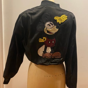 Vintage sequin and beaded Mickey black denim  bomber  jacket designed by Jeanette kastenberg