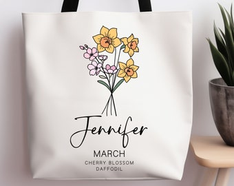 Custom March Birth Flower Tote Bag, Daffodil Cherry Blossom Flower, Personalized Birth Flower Gift for Her, Gift for Mom, Best Friend Gift