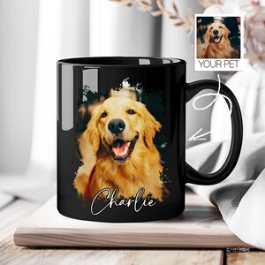 May include: Black ceramic mug featuring a smiling golden retriever dog portrait. The dog's image is framed with a textured border, and the name "Charlie" is written in cursive. A smaller image of the dog is in the upper right corner.