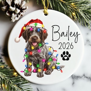 May include: A round white ceramic ornament featuring a brown wirehaired dog wearing a red Santa hat, wrapped in colorful Christmas lights. The text "Bailey" and "2026" are printed in black script and sans-serif font, with a black paw print icon.