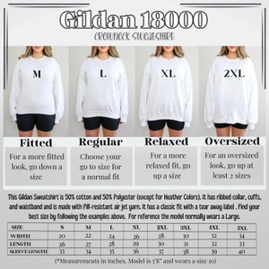 May include: A size chart for Gildan 18000 crewneck sweatshirts, showing the different fits available: fitted, regular, relaxed, and oversized. The chart includes measurements in inches for width, length, and sleeve length for sizes S through 5XL.