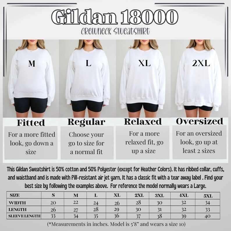 May include: A size chart for Gildan 18000 crewneck sweatshirts, showing the different fits available: fitted, regular, relaxed, and oversized. The chart includes measurements in inches for width, length, and sleeve length for sizes S through 5XL.