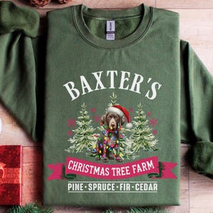 May include: Green sweatshirt with the text "Baxter's Christmas Tree Farm." A dog wearing a Santa hat and Christmas lights is in the center. The bottom of the shirt reads "Pine, Spruce, Fir, Cedar."