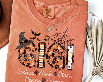 Comfort Colors® Custom Gigi Halloween Shirt, Fall Gigi Shirt with Kids Names, Halloween Gigi Gifts, Custom Gigi Shirt with Grandkids Names