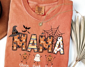 Comfort Colors® Custom Mama Halloween Shirt with Kid Names, Mama Halloween Tee, Mom Halloween Gift, Mama Fall T-shirt, Mama Halloween Tshirt