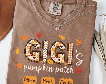 Comfort Colors® Fall Gigi Shirt with Kids Names, Pumpkin Gigi Tee Shirt, Halloween Gigi Gifts, Custom Gigi Shirt with Grandkids Names