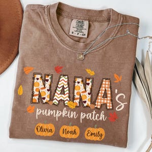 May include: Brown Comfort Colors t-shirt with the words "NANA's pumpkin patch" in a fall-themed design. The shirt includes the names Olivia, Noah, and Emily below the text. A silver necklace with a pendant is draped across the shirt.