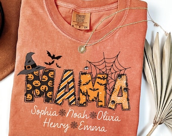 Comfort Colors® Custom Mama Halloween Shirt with Kid Names, Mama Halloween Tee, Mom Halloween Gift, Mama Fall T-shirt, Mama Halloween Tshirt
