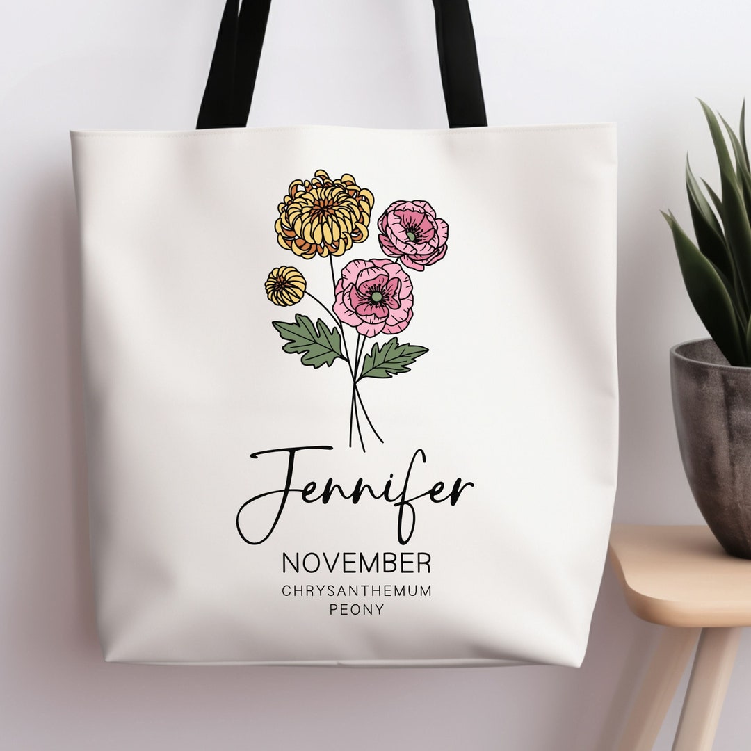Birth Flower Tote Bag, Custom Tote Bag, Birth Flower Gift for Her, Gift ...