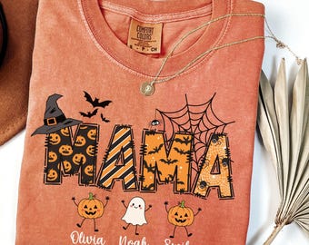 Comfort Colors® Custom Mama Halloween Shirt with Kid Names, Mama Halloween Tee, Mom Halloween Gift, Mama Fall T-shirt, Mama Halloween Tshirt