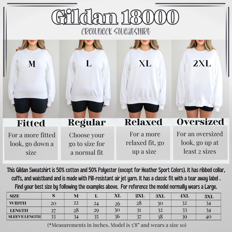 May include: Size chart for Gildan 18000 crewneck sweatshirts in sizes S, M, L, XL, 2XL, 3XL, 4XL, and 5XL. The chart shows width, length, and sleeve length measurements in inches. The chart also includes descriptions of the fit for each size: fitted, regular, relaxed, and oversized.