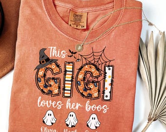 Comfort Colors® Custom Gigi Halloween Shirt, Fall Gigi Shirt with Kids Names, Halloween Gigi Gifts, Custom Gigi Shirt with Grandkids Names