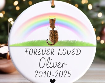 May include: A white ceramic Christmas ornament with a gold string for hanging. The ornament features a spotted cat with angel wings and a halo, a rainbow, and the text "FOREVER LOVED Oliver 2010-2025" with a heart.