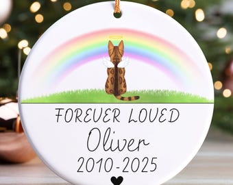 May include: A white ceramic Christmas ornament with a gold string for hanging. The ornament features a brown and tan cat with angel wings and a halo, sitting under a rainbow. Text reads "FOREVER LOVED Oliver 2010-2025" with a black heart.