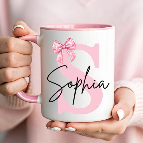 Pink Bow Mug, Coquette Pink Bow Mug, Personalized Name Mug, Pink Bow Gifts, Custom Initial Mug, Custom Name Mug for Her, Best Friend Mug