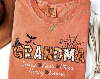 Comfort Colors® Custom Grandma Halloween Shirt, Halloween Grandma Shirt with Grandkids Names, Custom Grandma Gifts, Fall Grandma Shirts