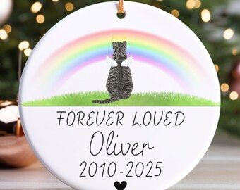 May include: A white ceramic ornament with a gold string for hanging. The ornament features a tabby cat with angel wings and a halo, set against a rainbow and green grass. Text reads "FOREVER LOVED Oliver 2010-2025" with a black heart.