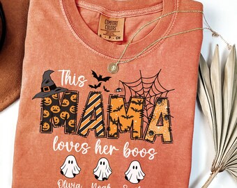 Comfort Colors® Custom Mama Halloween Shirt with Kid Names, Mama Halloween Tee, Mom Halloween Gift, Mama Fall T-shirt, Mama Halloween Tshirt