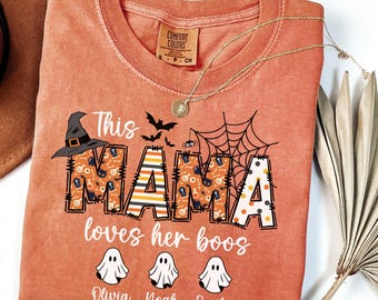 Comfort Colors® Custom Mama Halloween Shirt with Kid Names, Mama Halloween Tee, Mom Halloween Gift, Mama Fall T-shirt, Mama Halloween Tshirt