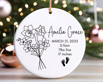 Personalized March Birth Flower Baby Ornament, Babys First Christmas, Newborn Ornament, Birth Month Flower, New Mom Gift, New Baby Gift