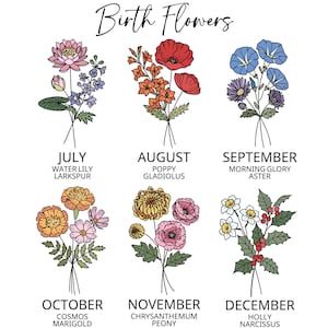 May include: A chart showing the birth flowers for each month of the year. The flowers are illustrated in a vintage style. July: Water Lily and Larkspur. August: Poppy and Gladiolus. September: Morning Glory and Aster. October: Cosmos and Marigold. November: Chrysanthemum and Peony. December: Holly and Narcissus.
