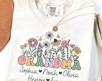 Comfort Colors® Grandma Shirt Floral, Custom Grandma Shirt with Names, Personalized Grandma Tshirt with Grandkids, Custom Grandma Gifts