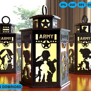 May include: Three wooden lantern designs with a military theme. Each lantern features a silhouette of a soldier, a star, and the word "ARMY".