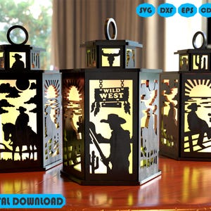 Décoration de lampe de cow-boy Svg, décoration série Western découpée au laser Svg