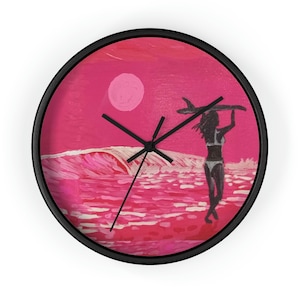 Seasidesart Pink Sun Surfer Girl Fruitpunch Wave On The Beach Wall clock