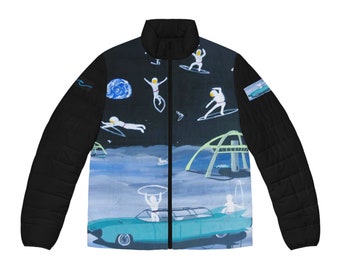 Seasidesart Surfing On The Moon Futuristic Car Men's Puffer Jacket (AOP)