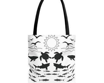 Bolsa de tela Sea Life: tiburones, medusas y corales - Bolsa reutilizable para la compra