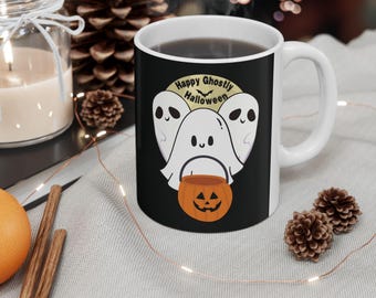 Black Halloween Coffee Mug, Ghost and Pumpkin Design