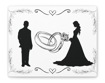 Minimalist Wedding Art: Bride & Groom Silhouette Canvas - Black and White