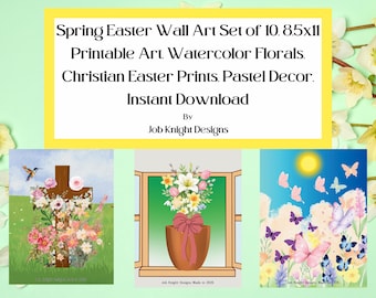 Set of 10 Watercolor Easter Prints: Christian Florals, Pastel Decor (Instant Download)