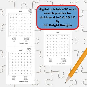 20 sopas de letras imprimibles digitalmente para niños de 4 a 6 años, 8,5 x 11 pulgadas, de Job Knight Designs