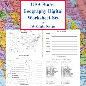 Może przedstawiać: Zestaw cyfrowych arkuszy ćwiczeń z geografii stanów USA. Zestaw zawiera mapę Stanów Zjednoczonych, quiz z nazwami stanów, quiz ze skrótami stanów oraz listę stanów według daty dołączenia do Unii.