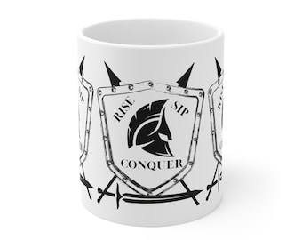 Rise Sip Conquer Coffee Mug: Shield & Spear Design - 11oz Ceramic
